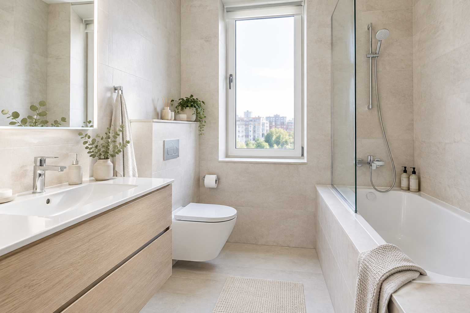 Contemporary apartment bathroom in pale stone finishes