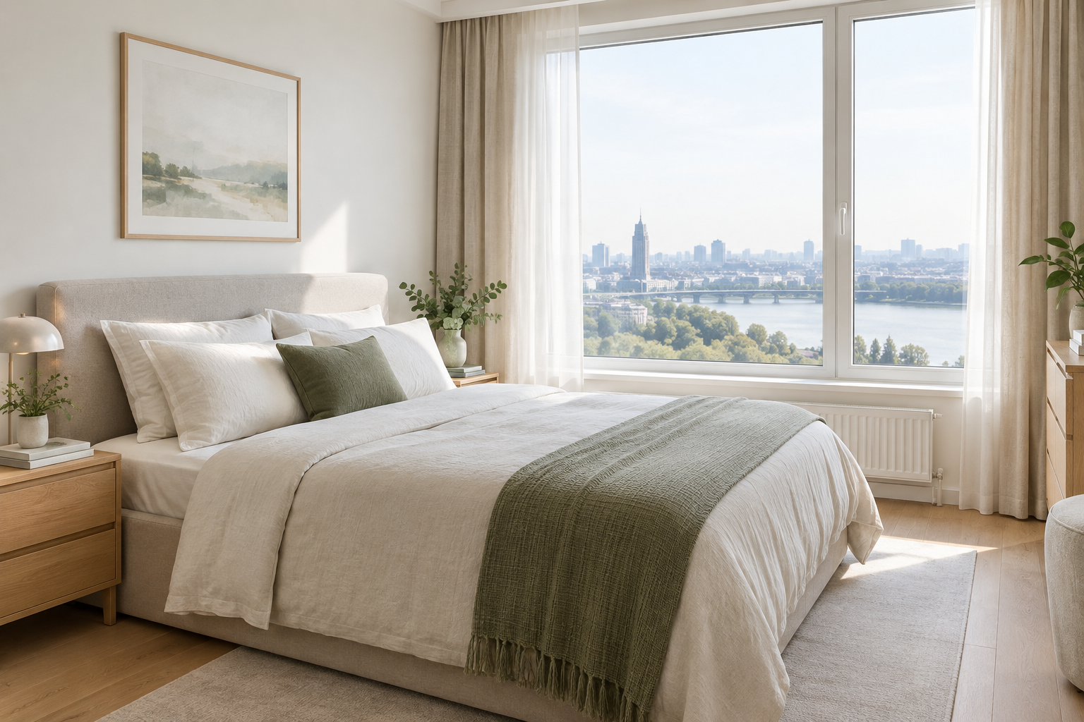 Serene Kyiv apartment bedroom with soft daylight