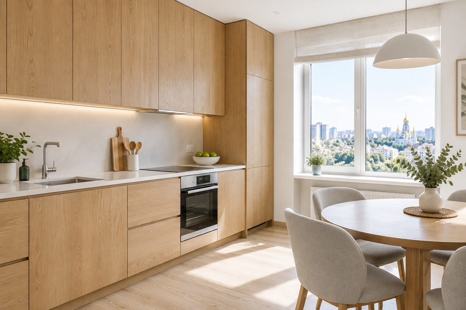 Bright neutral apartment kitchen with oak cabinetry