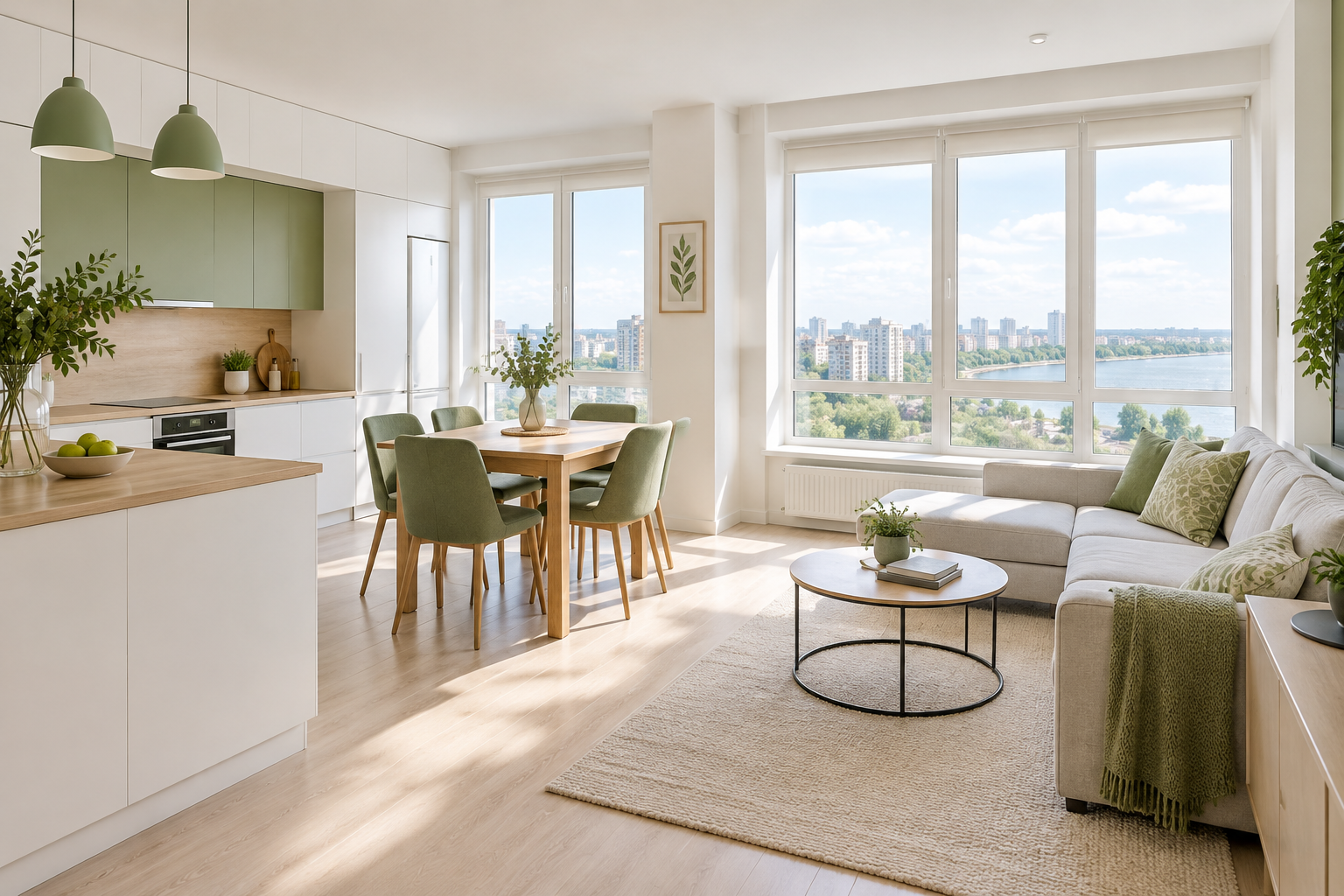 Spacious Obolon family apartment with a light-filled kitchen and calm green accents