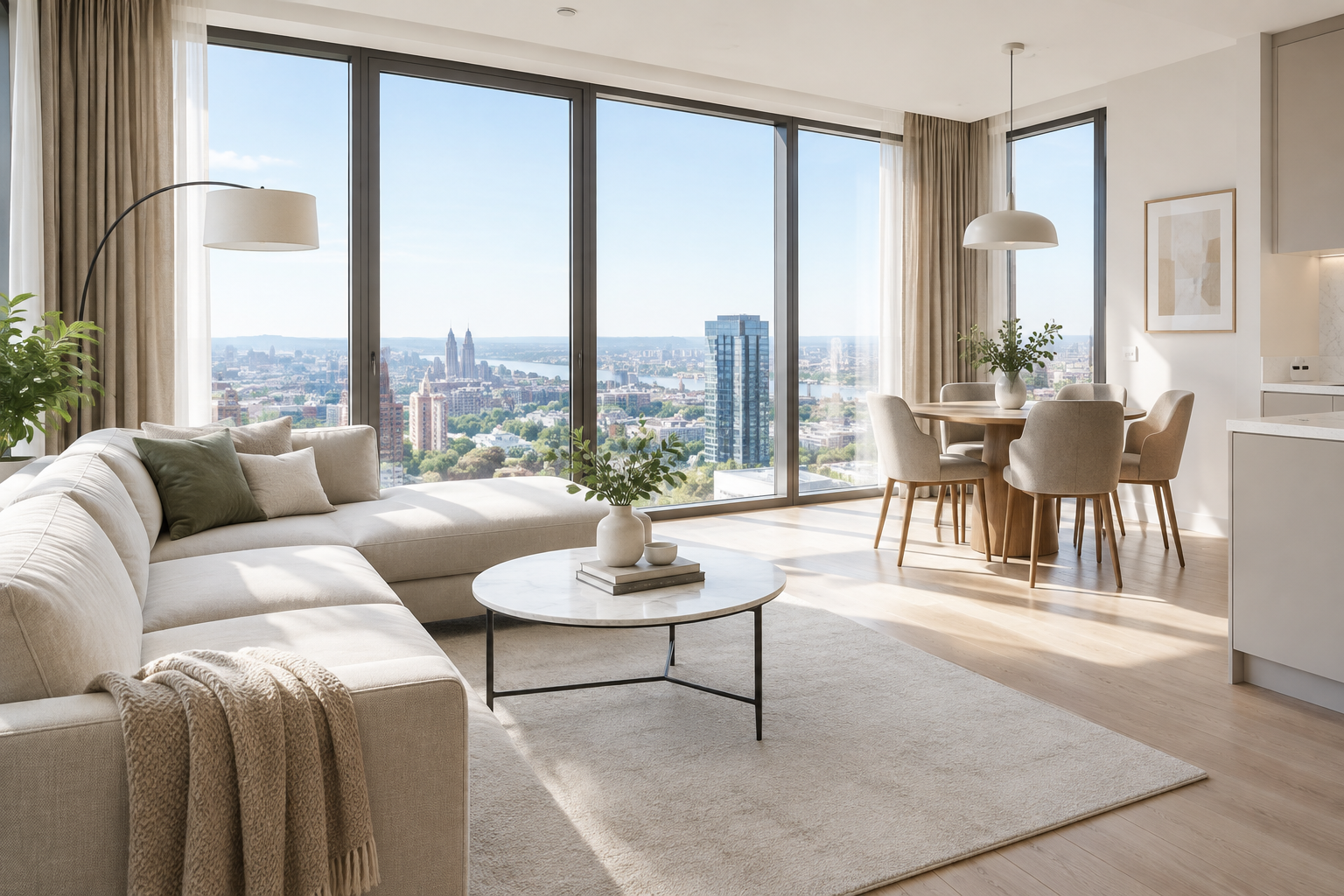 Modern Pechersk new-build apartment with floor-to-ceiling windows and a bright neutral interior