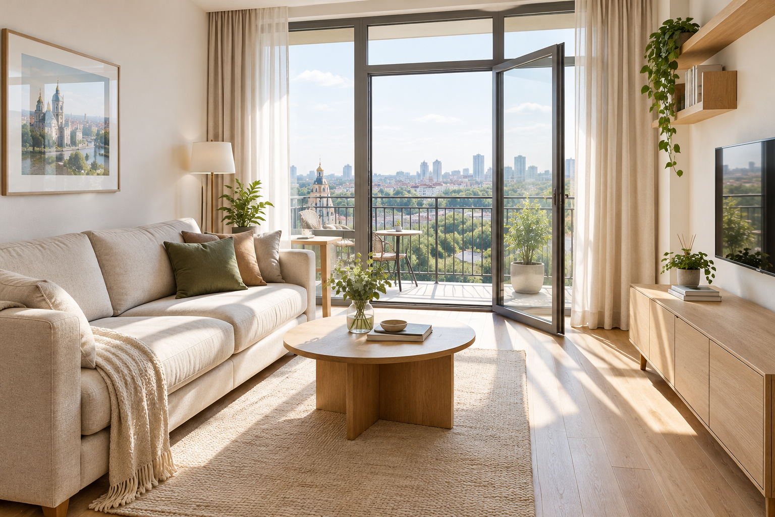 Sunlit contemporary Kyiv apartment living room with oak floors and balcony windows