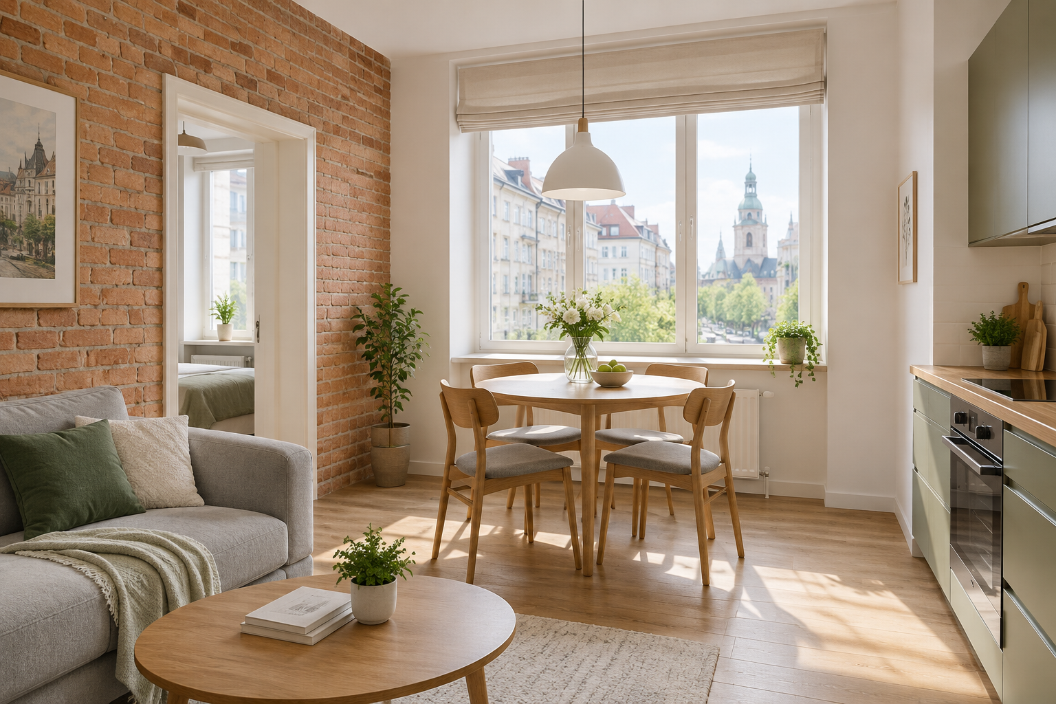 Compact, welcoming Podil apartment with a sunny dining nook and restored brick accents