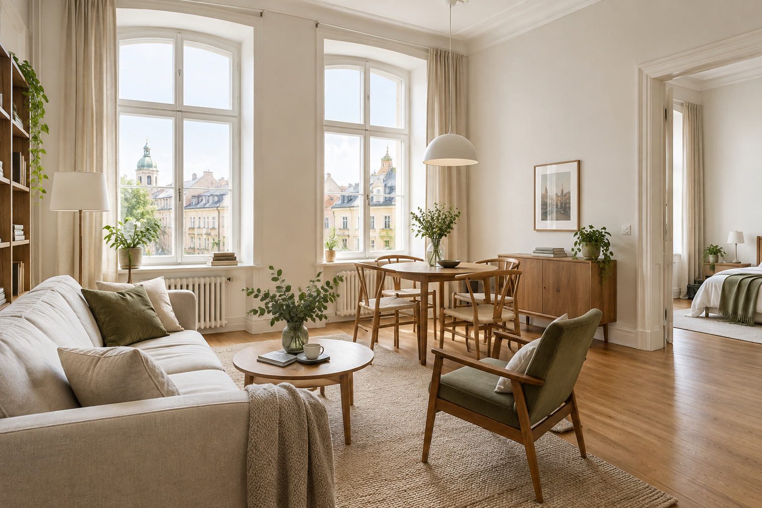 Airy renovated Podil apartment with tall windows, pale walls, and warm timber details