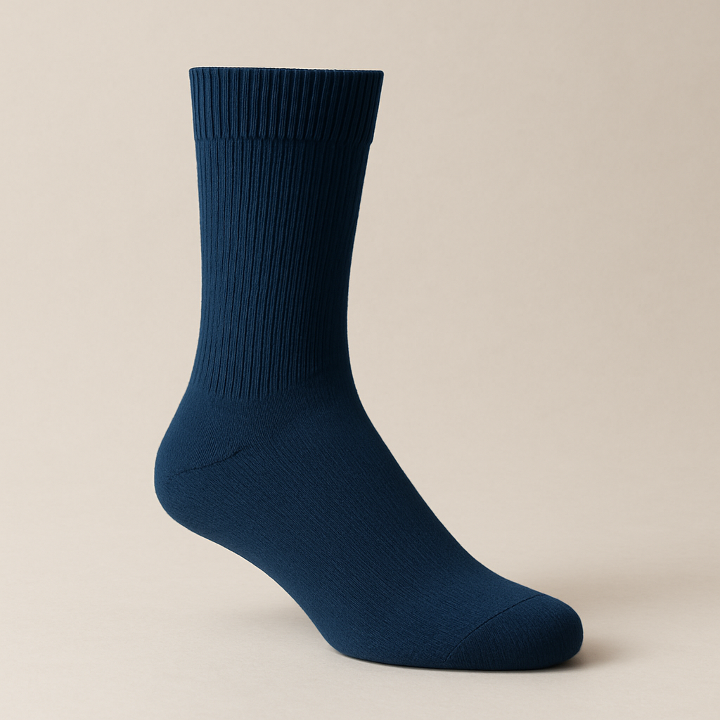 Deep blue crew sock with a clean ribbed cuff