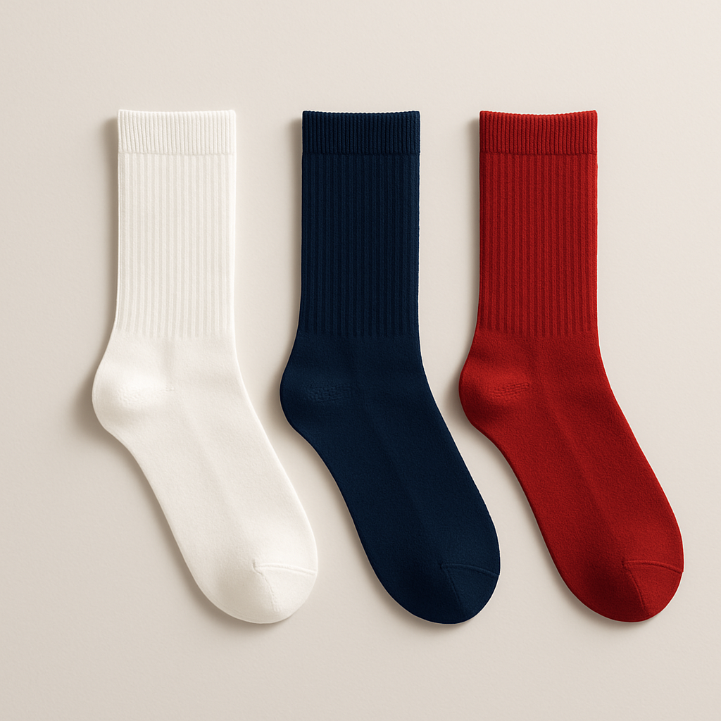 Neatly arranged trio of premium crew socks in white, deep navy blue, and rich red on a light neutral backdrop