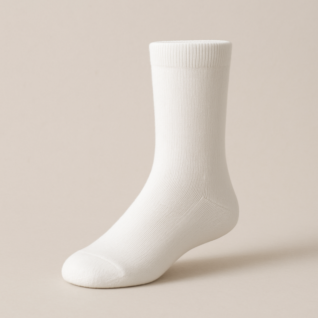 Minimalist white crew sock with a smooth knit texture