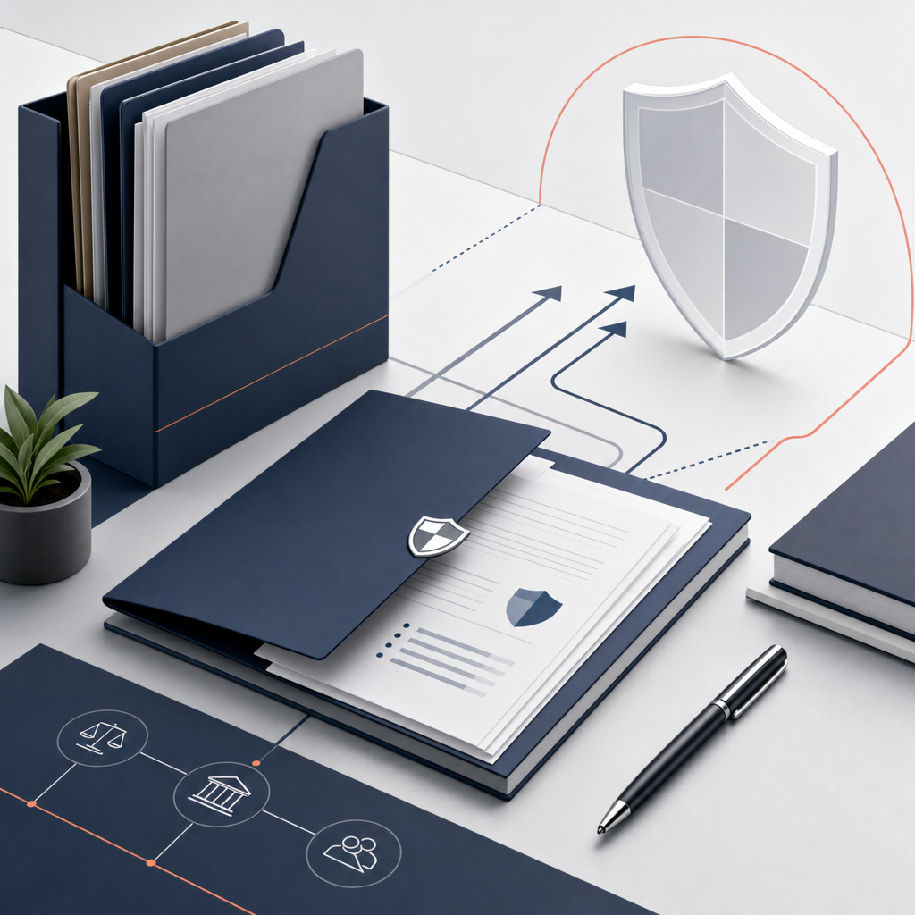 Abstract business legal strategy scene with protected documents, directional planning lines, and a subtle shield motif in a calm professional office tone