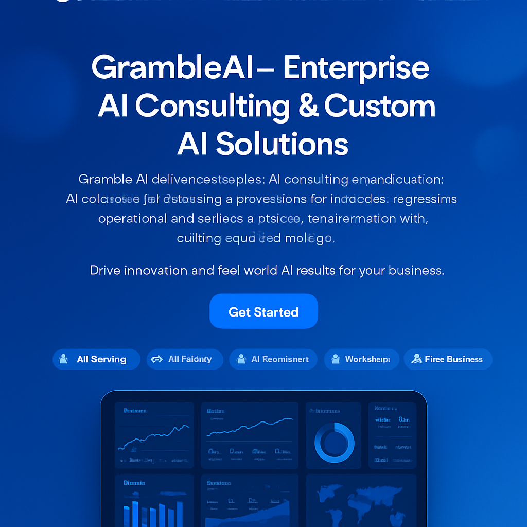 Modern AI data analytics dashboard with blue corporate theme, charts, and graphs on screens
