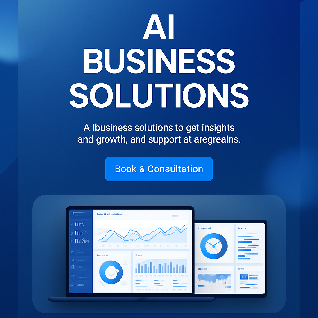 Modern AI data analytics dashboard with blue corporate theme, charts, and graphs on screens