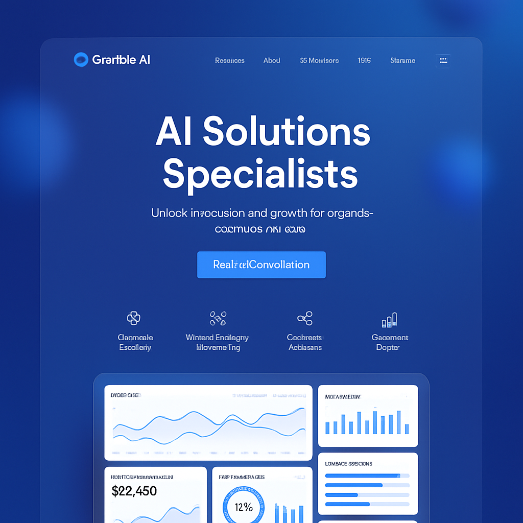 Modern AI data analytics dashboard with blue corporate theme, charts, and graphs on screens