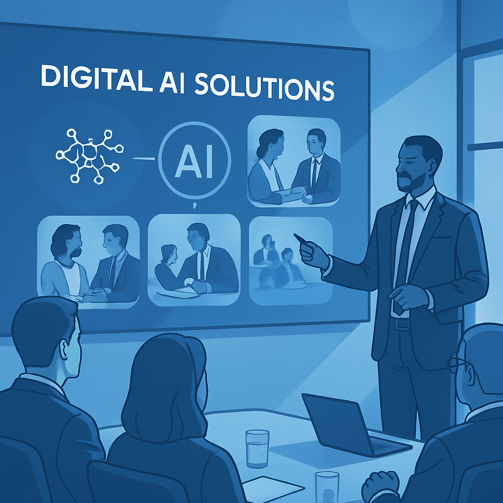 Consultant presenting AI solutions to business leaders