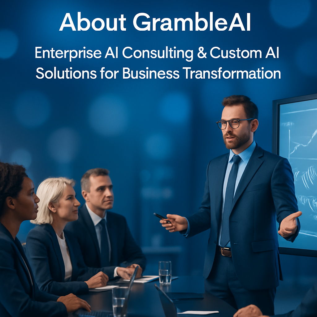 GrambleAI consultant presenting custom AI solutions and artificial intelligence strategies to business leaders in a corporate setting