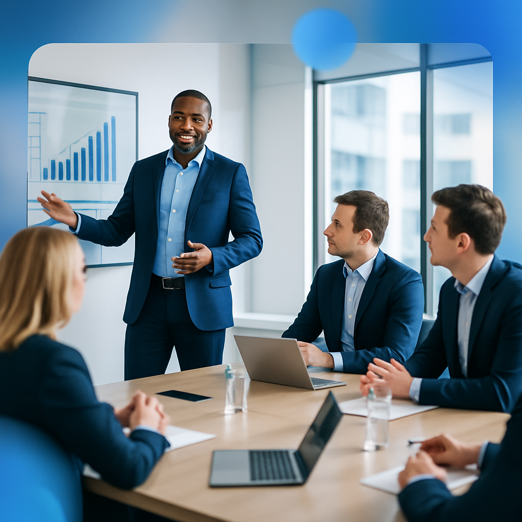 Gramble AI consultant presenting artificial intelligence strategies to business leaders in a corporate setting