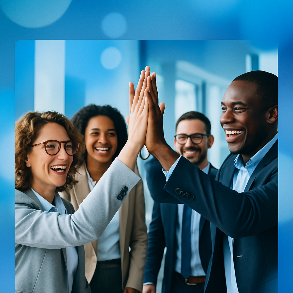 Business team celebrating successful AI-driven business transformation with GrambleAI