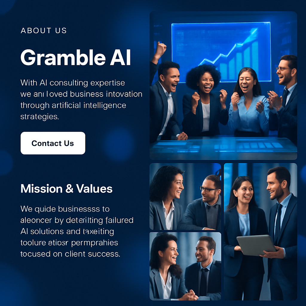 Business team celebrating successful AI-driven transformation with Gramble AI