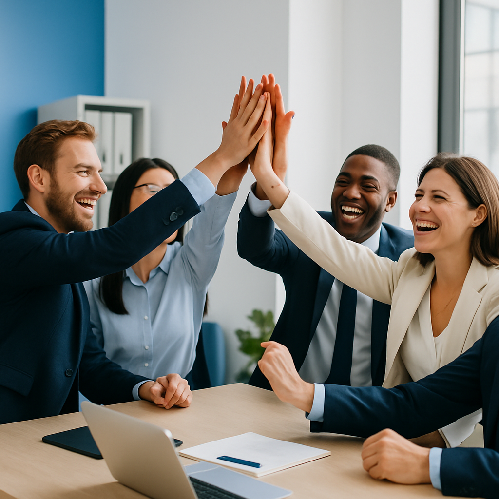 Business team celebrating successful AI project