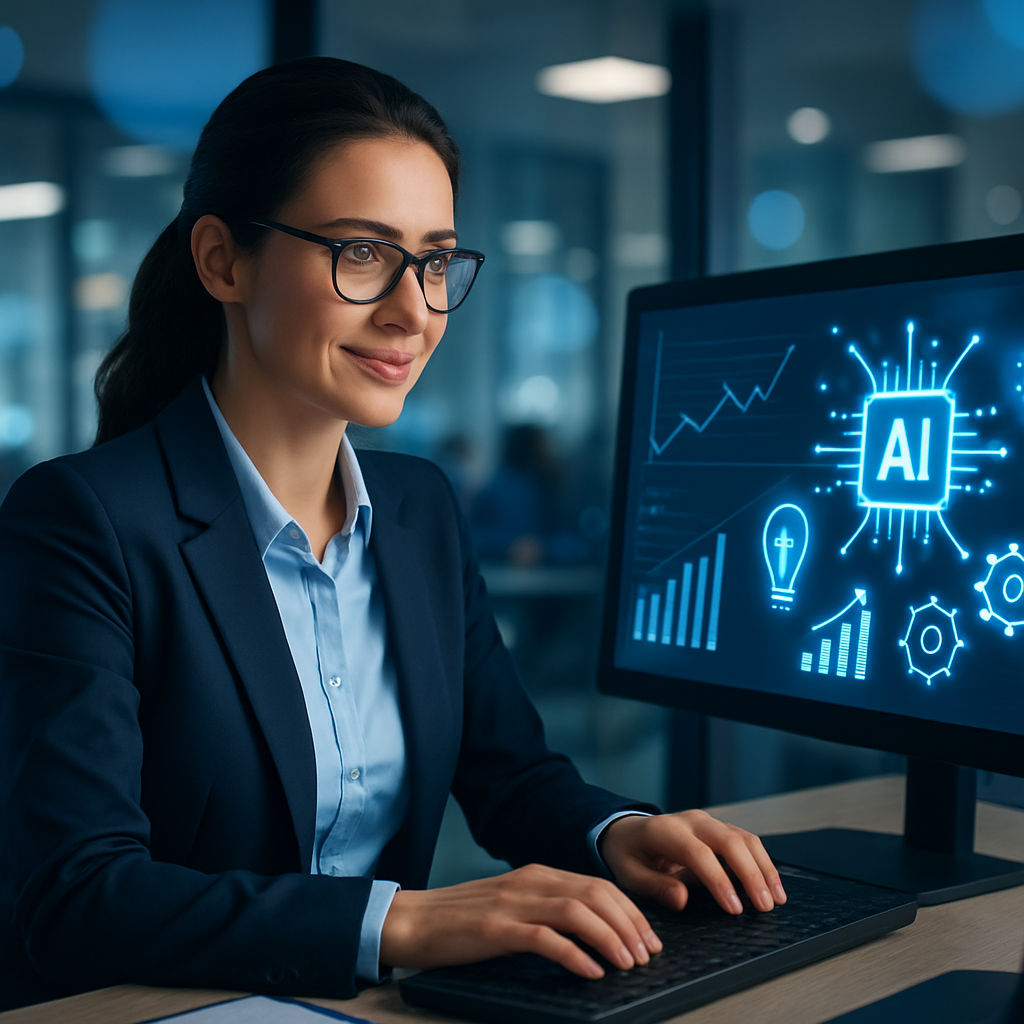 Professional employee empowered by AI tools, working on business innovation with Gramble AI