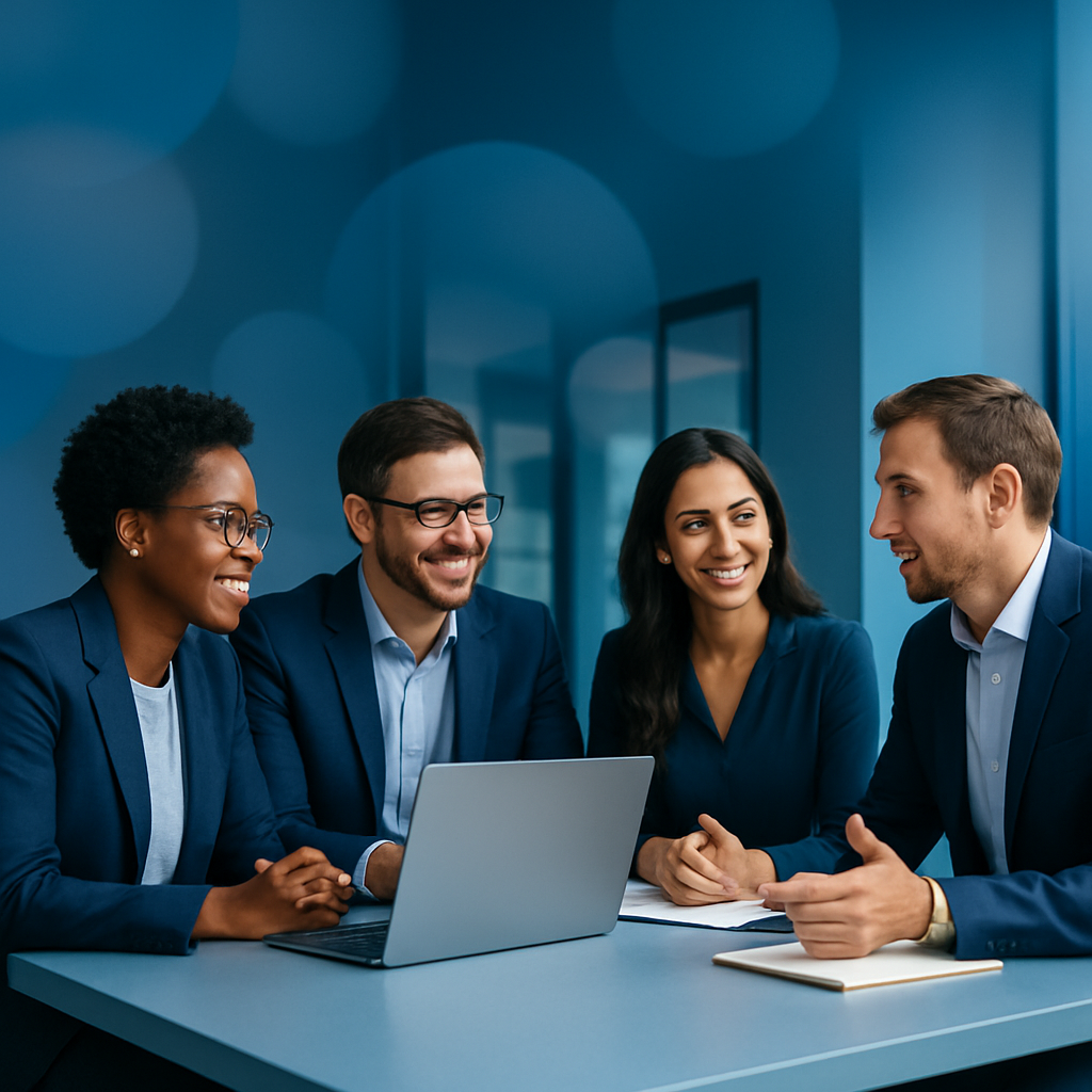 Gramble AI consulting team collaborating at a modern office table, representing AI consulting expertise