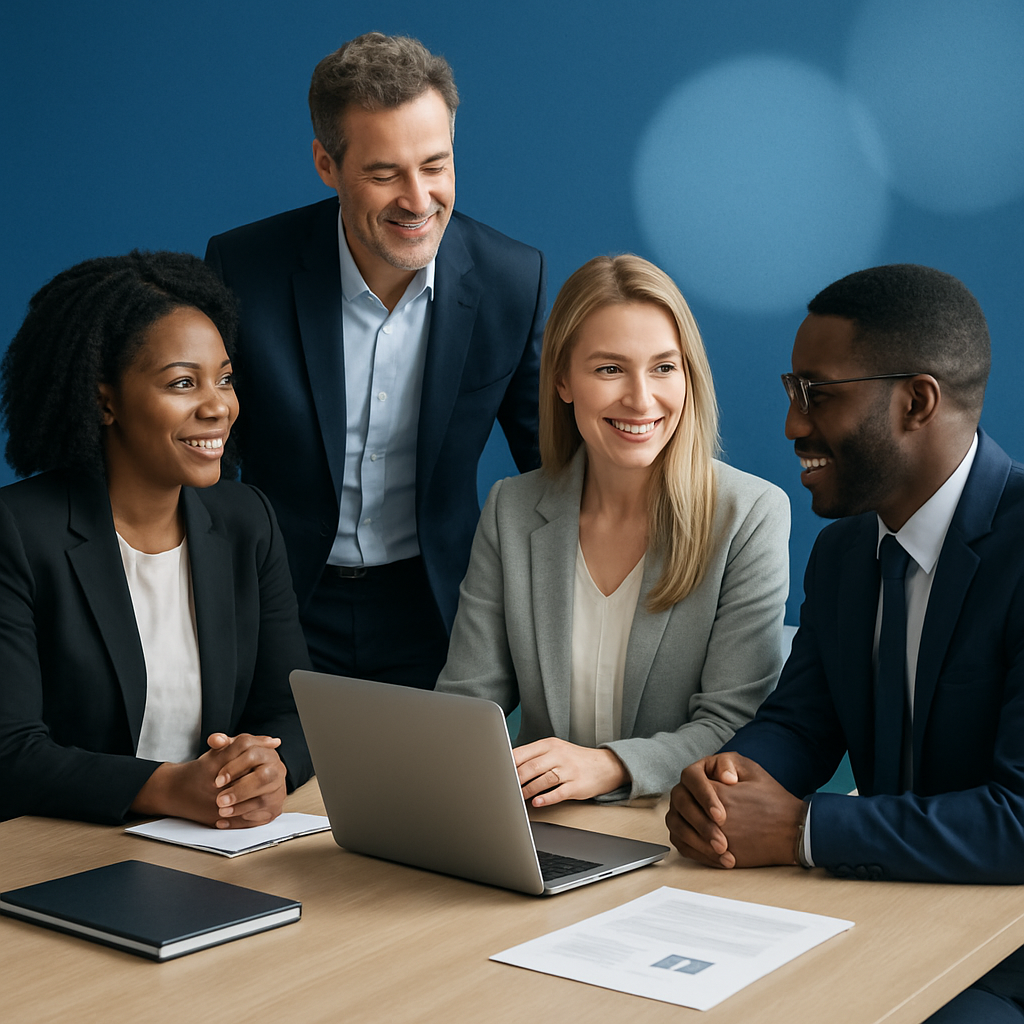 GrambleAI consulting team collaborating at a modern office table, representing enterprise AI consulting expertise