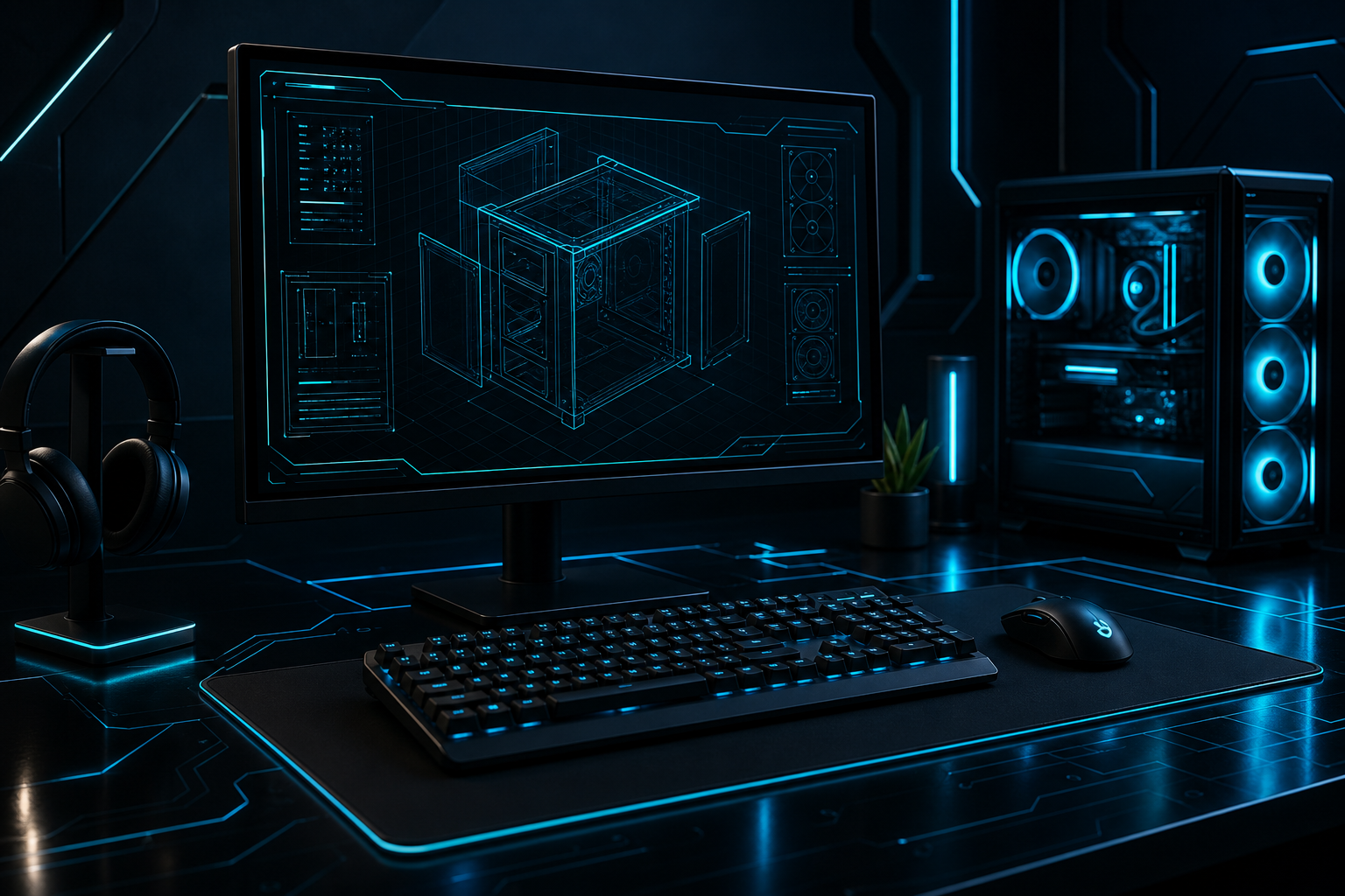 Dark futuristic workstation scene with a black neon-lit monitor displaying a construction grid, a sleek keyboard, and glowing circuit accents on a reflective surface