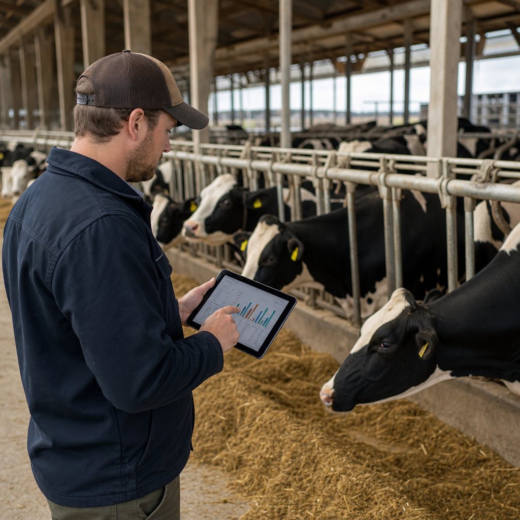 Dairy reproduction consultant reviewing breeding performance records with farm staff near cattle facilities on a working dairy operation