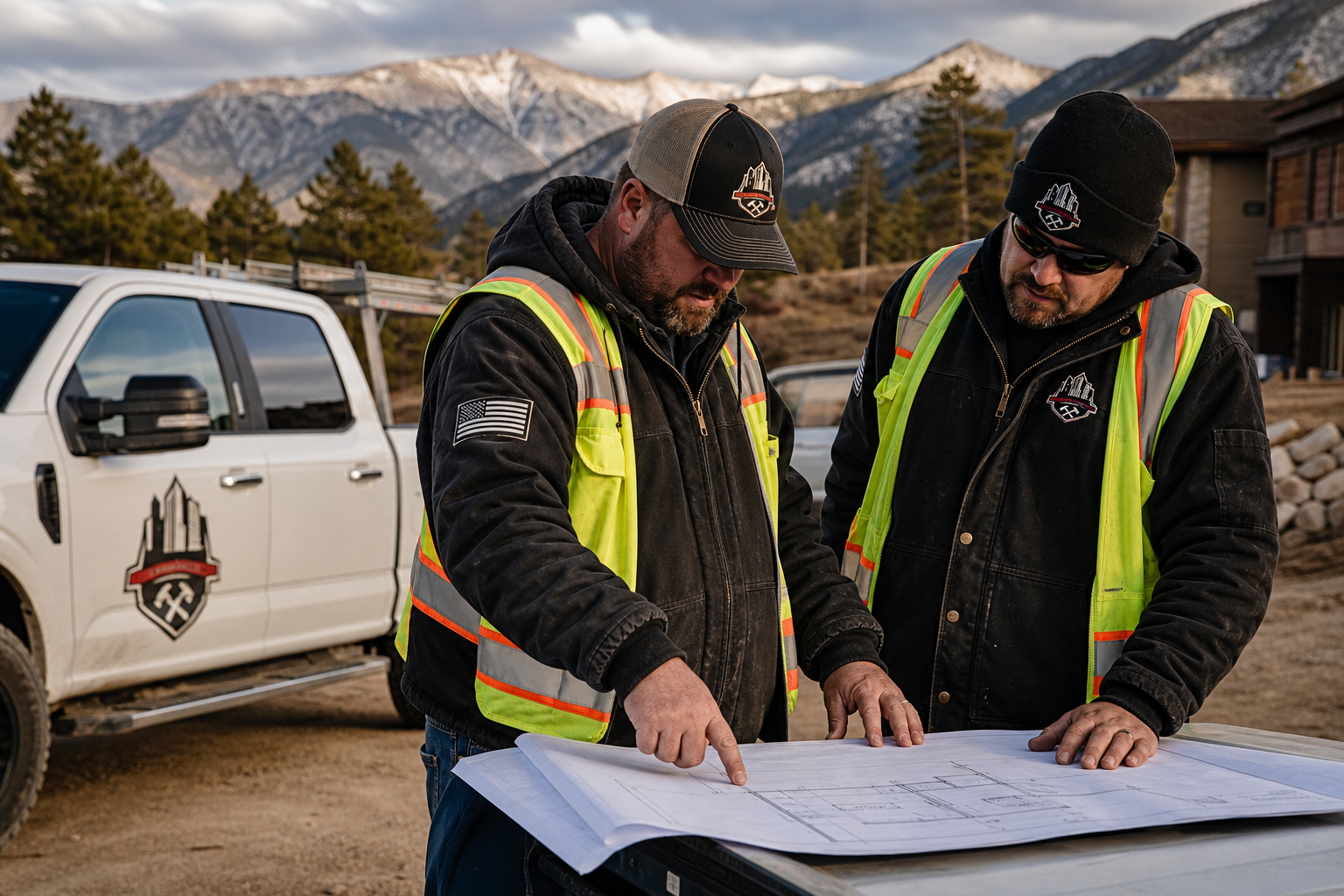 Two Bros Construction crew in work jackets reviewing plans with a pickup truck in the Colorado Front Range foothills