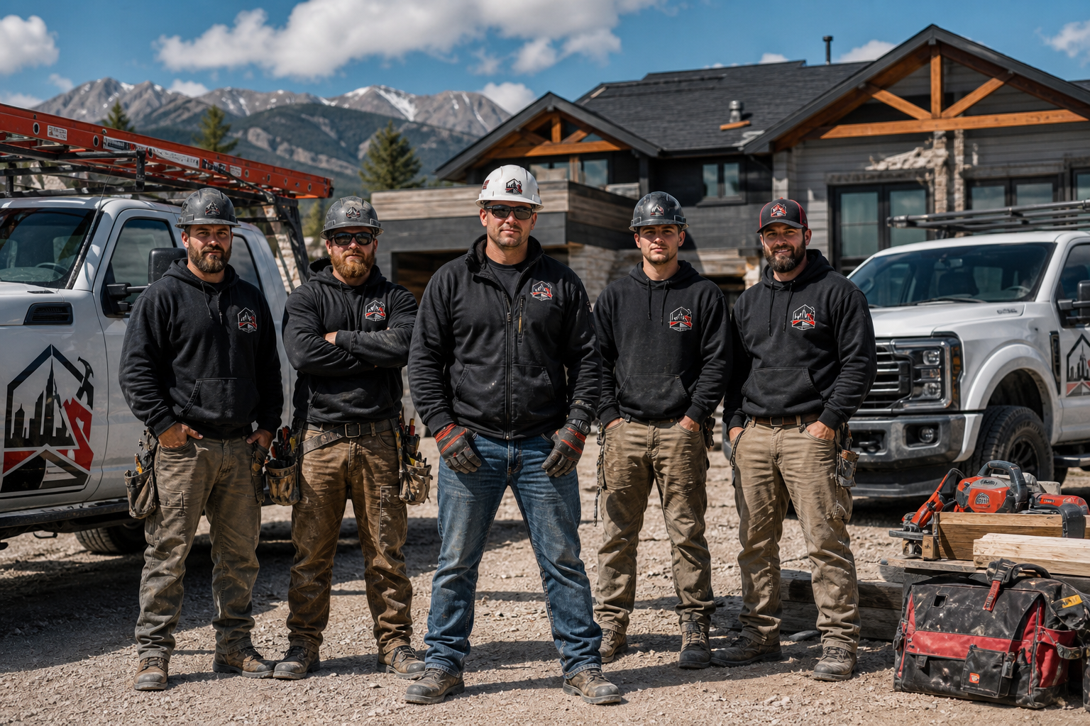 Two Bros Construction crew in safety gear standing in front of a Colorado Front Range jobsite with trucks and tools