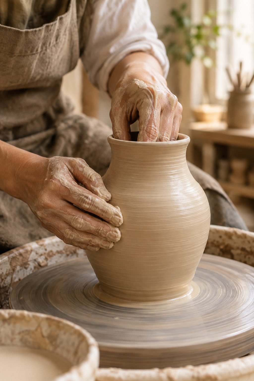 Close-up of hands shaping a ceramic vase on a pottery wheel with warm natural window light and visible clay texture