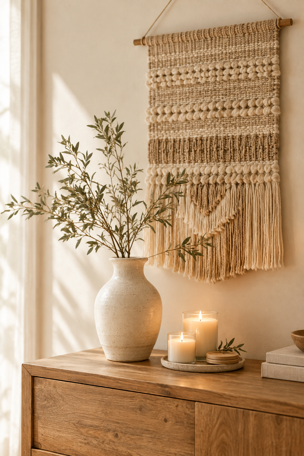 Warm natural interior with a handmade ceramic vase, woven wall hanging texture, and softly lit soy candles on a wooden console