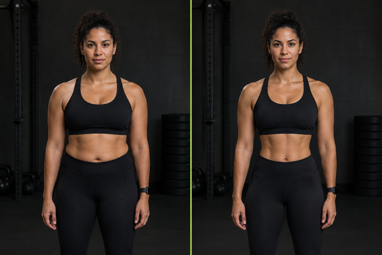Side-by-side progress portrait of an adult woman with medium-brown skin, dark curly hair tied back, and a strong athletic build, shown at two stages against a restrained studio-gym backdrop