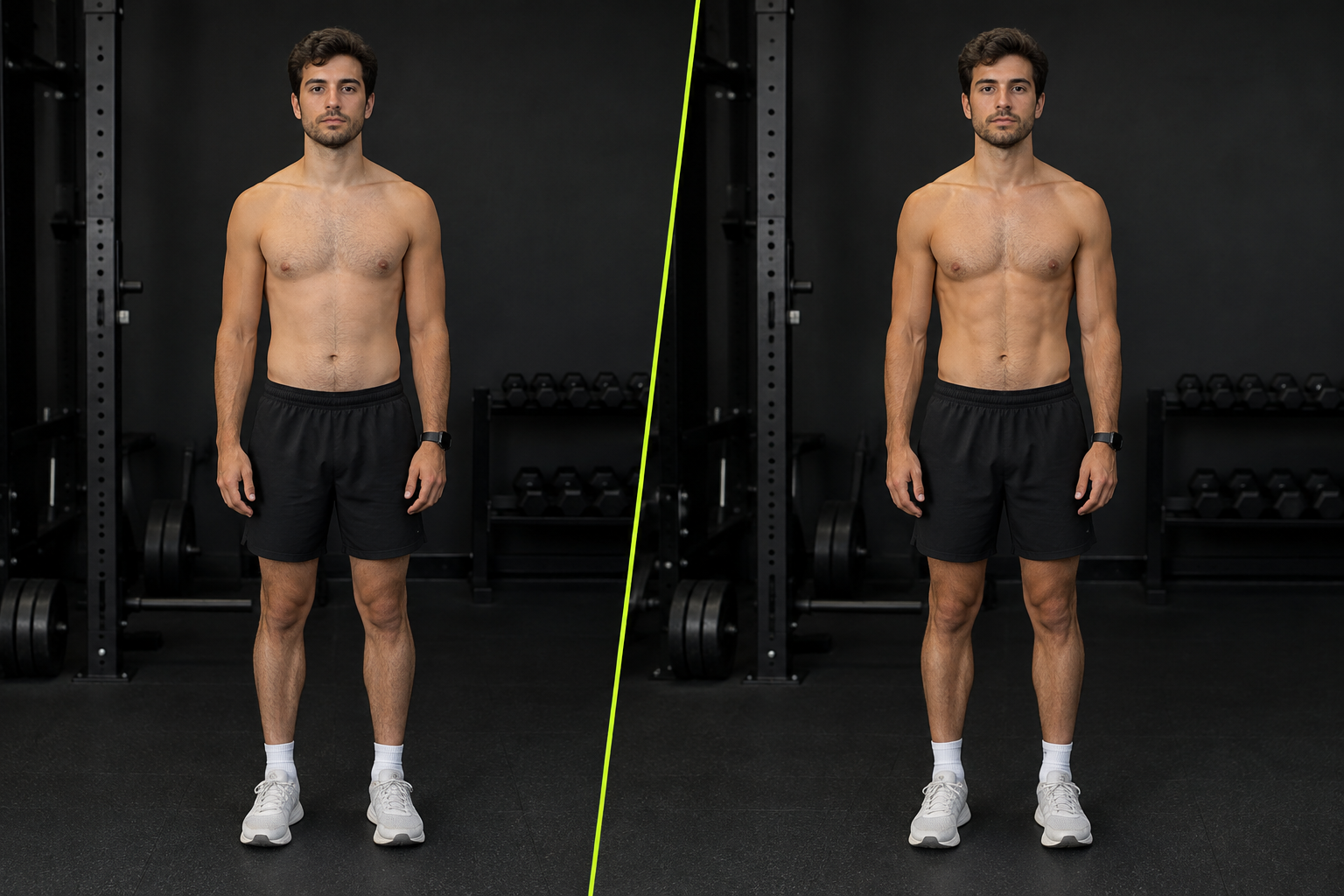 Side-by-side progress portrait of an adult man with warm olive skin, short wavy brown hair, and a lean build, shown at two stages in the same clean training space