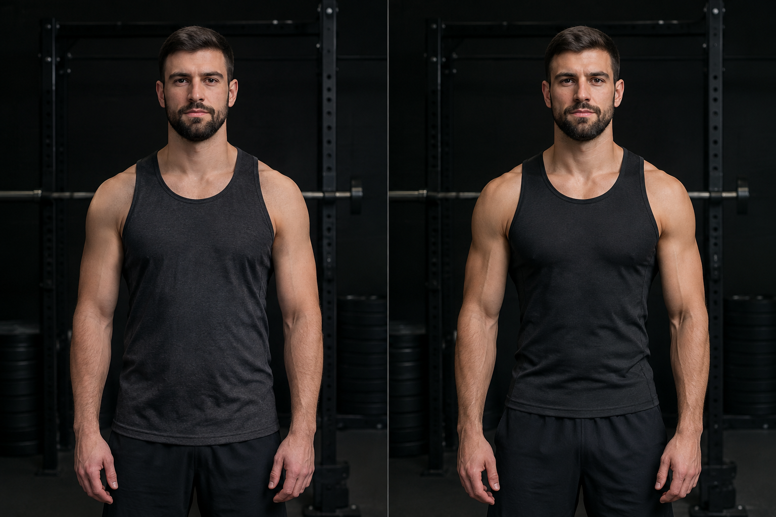 Side-by-side progress portrait of an adult man with a close-cropped dark beard and athletic build, shown at two stages in a simple gym setting with consistent framing and neutral lighting