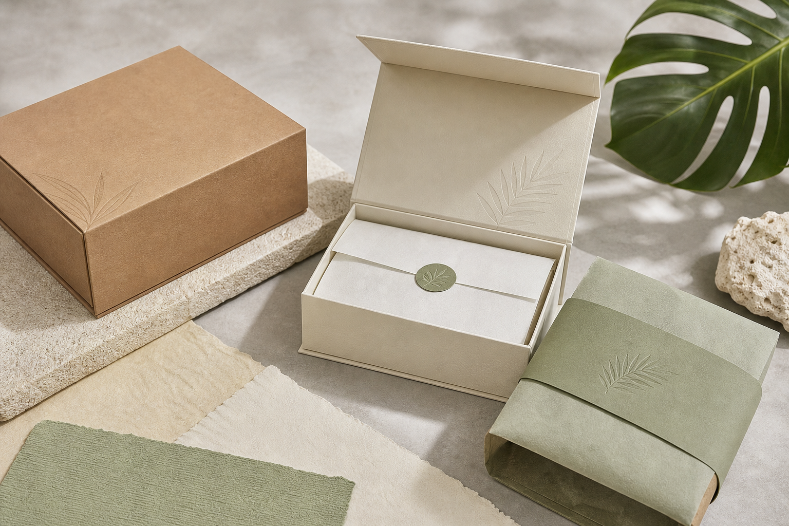 Elegant eco-friendly gift packaging boxes in neutral tones with layered kraft and textured paper wraps arranged on a clean studio surface