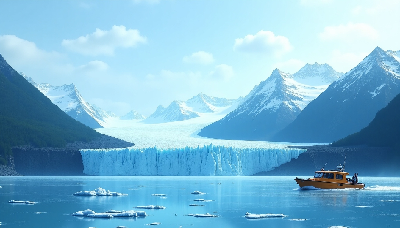 Dramatic blue glacier with snow-capped mountains and a small expedition boat in Alaska