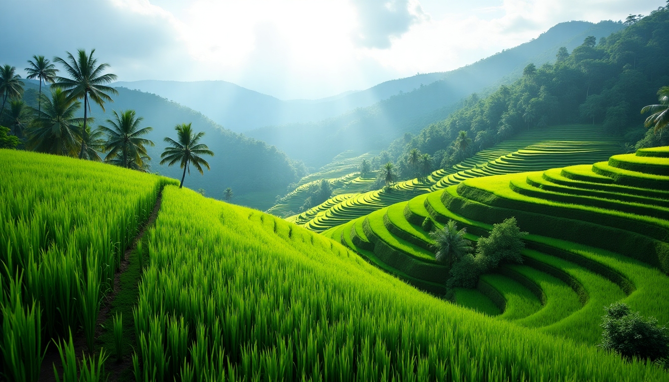 Lush green rice terraces in Bali with a narrow walking path and palm trees