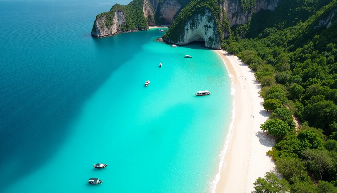 Aerial view of a turquoise bay with a white-sand beach, lush green cliffs, and a few small boats in clear water