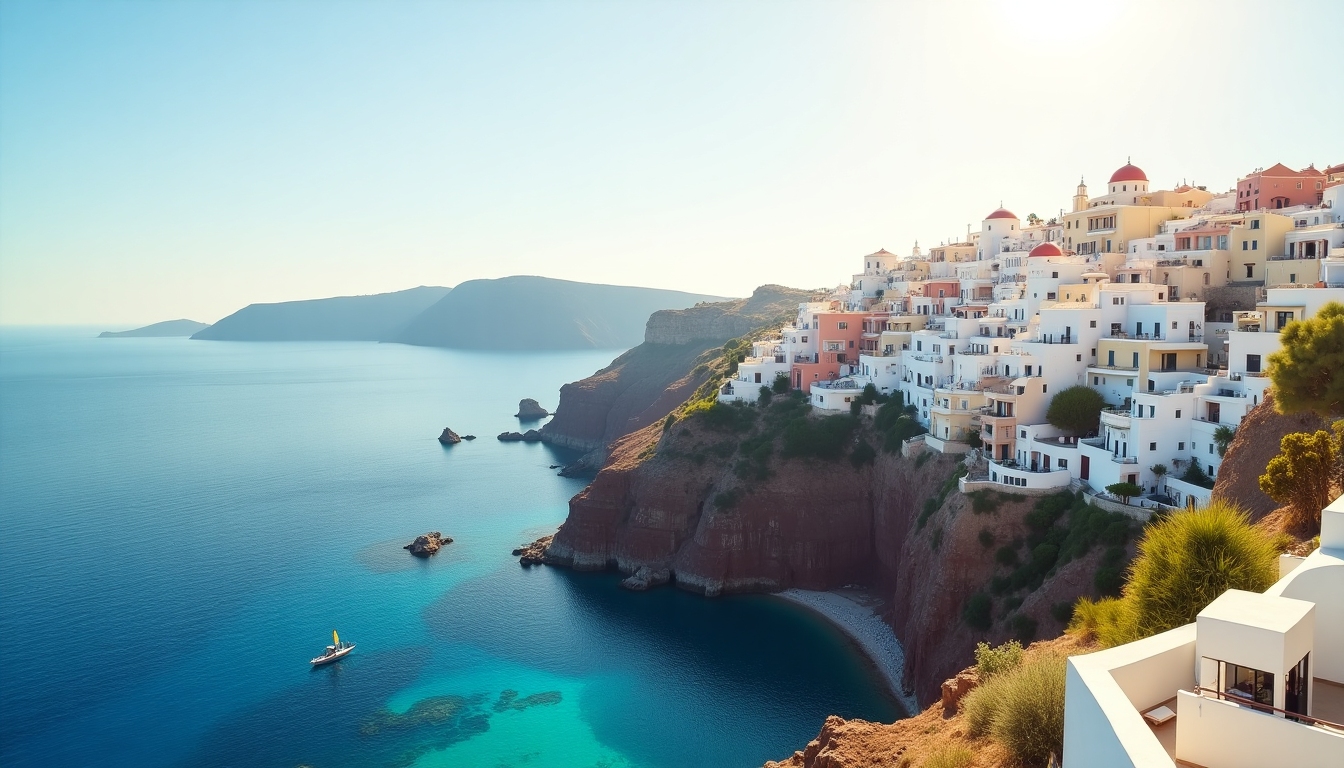 Whitewashed cliffside homes overlooking a turquoise Aegean bay in Santorini at sunset