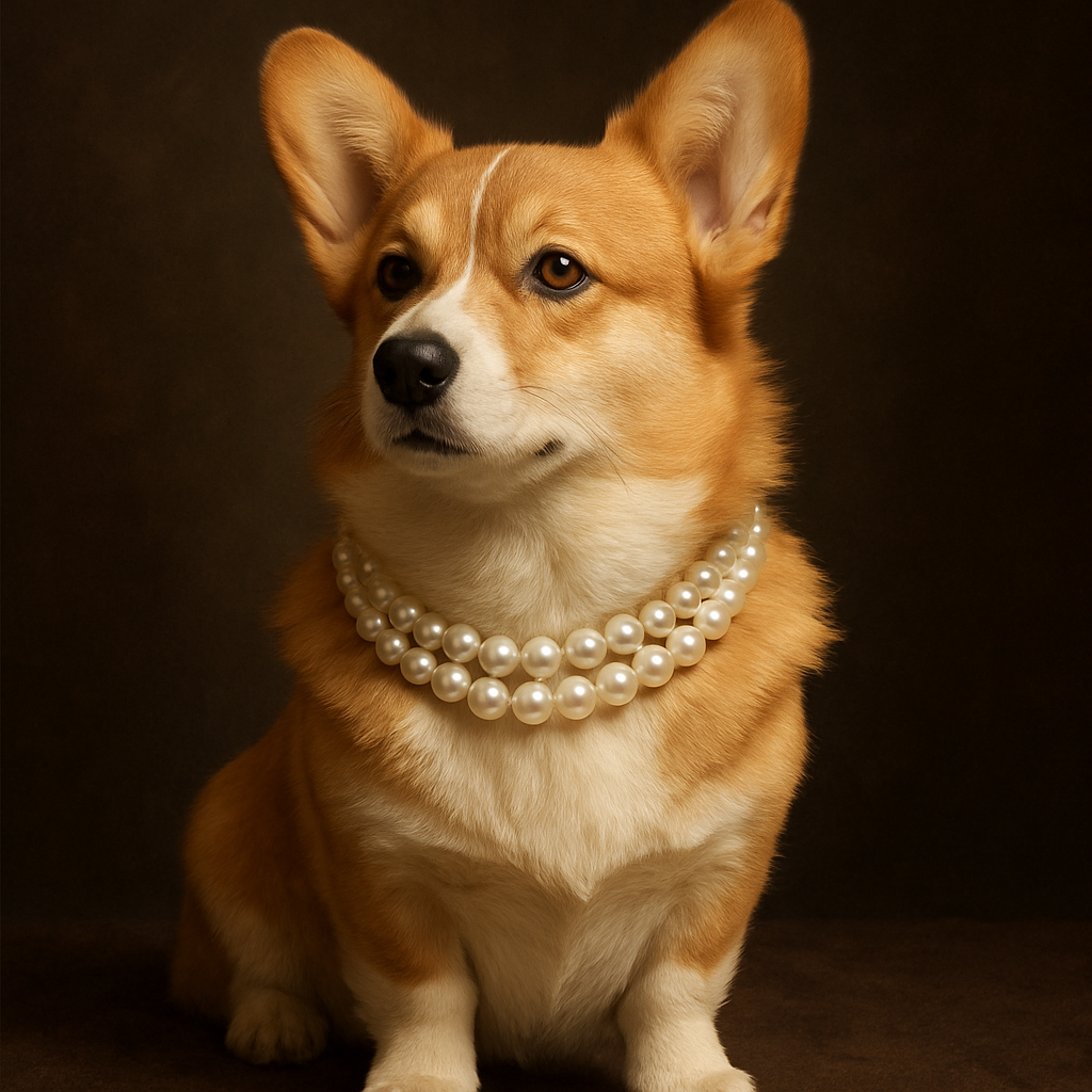 A small corgi wearing a faux pearl necklace, striking a regal pose