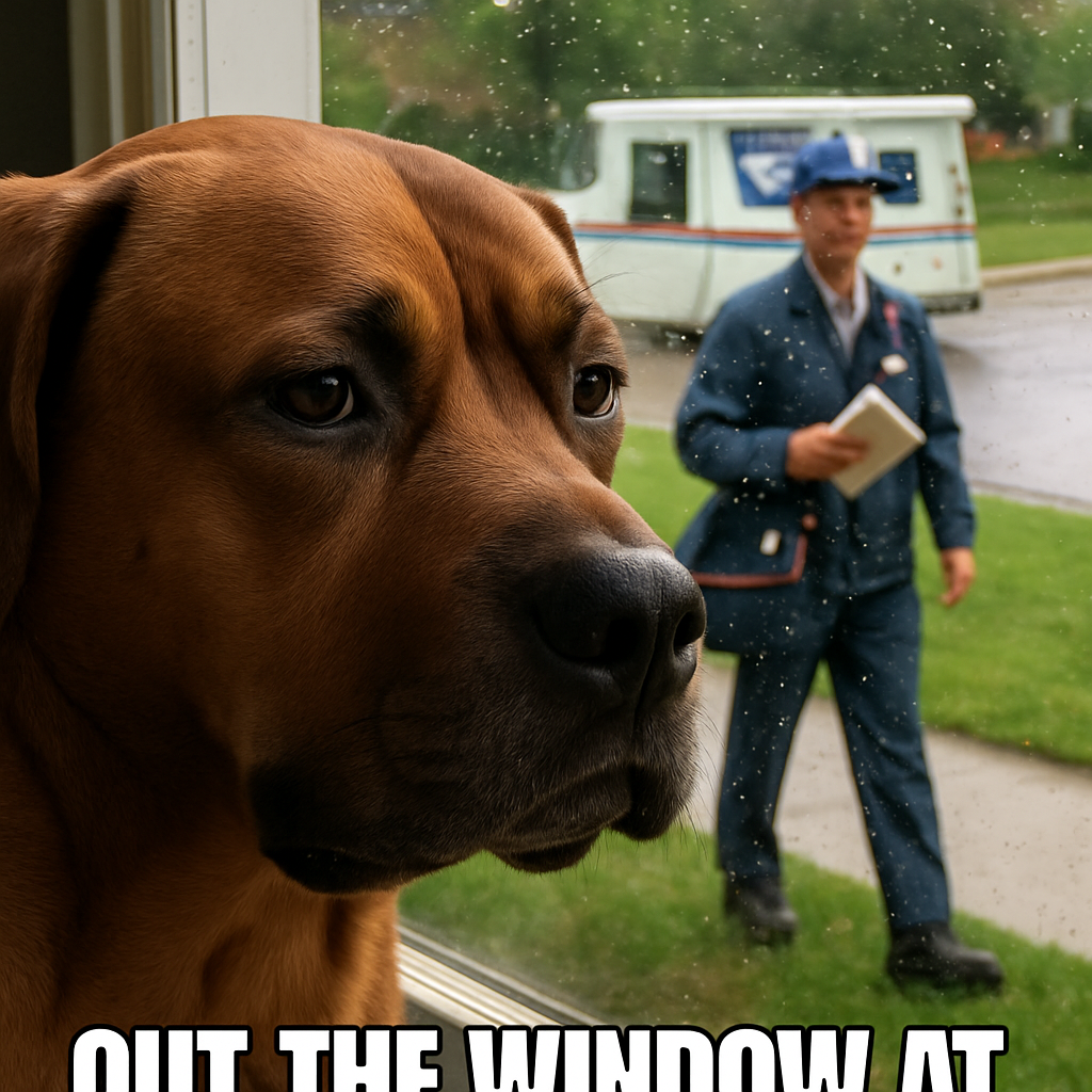Dog looking out the window at a mailman, expression grave