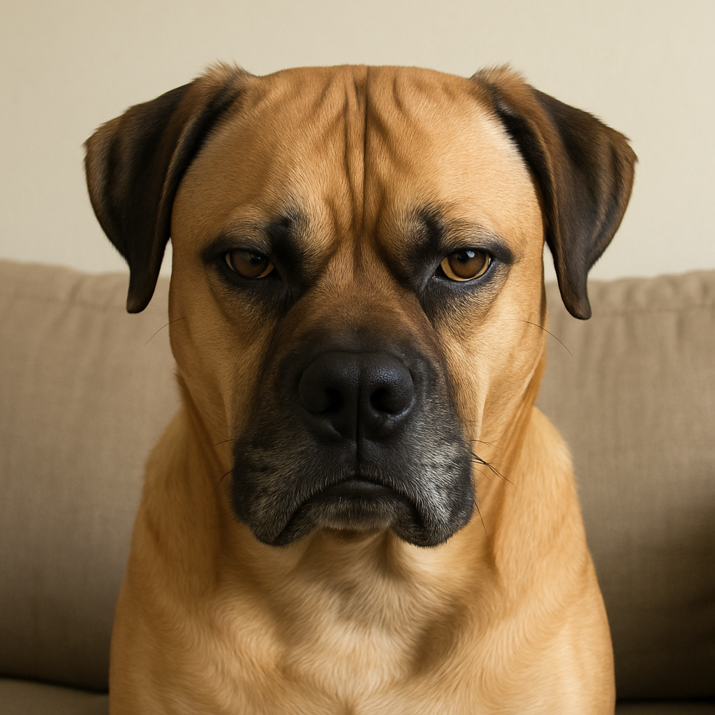 A very serious dog scrutinizing a plain sofa
