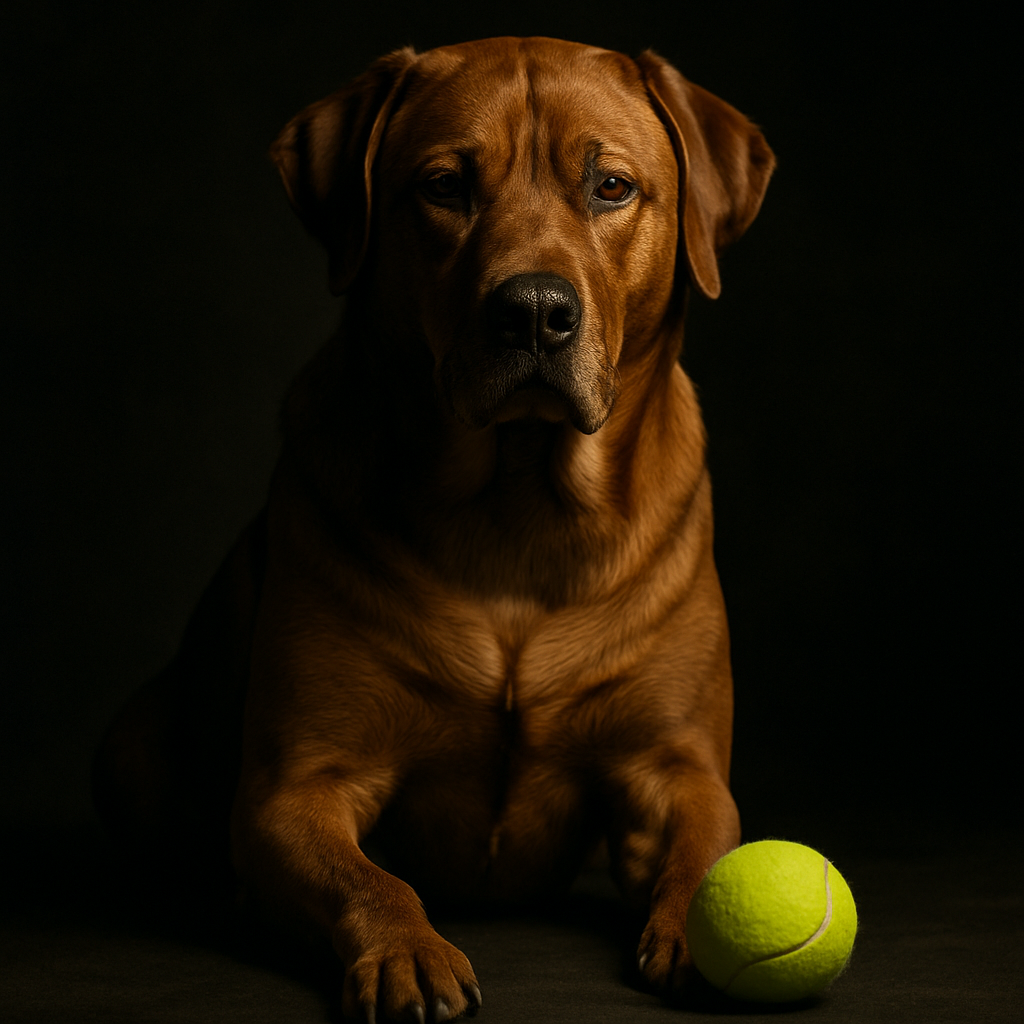 Dog with a regal pose next to a tennis ball