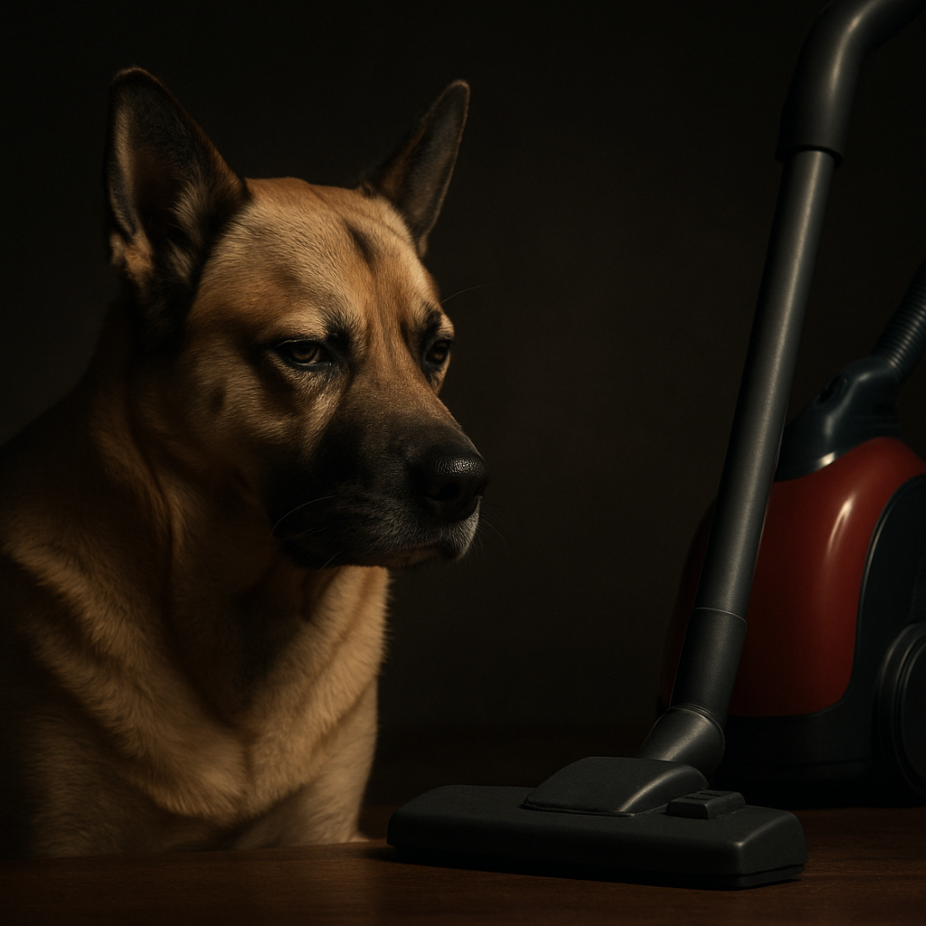 Stoic dog glaring at a vacuum cleaner