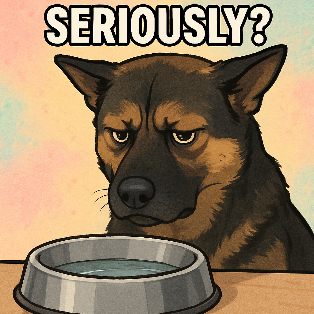 Serious dog contemplating a water bowl