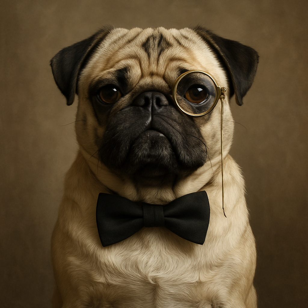 A serious pug with a bowtie and monocle