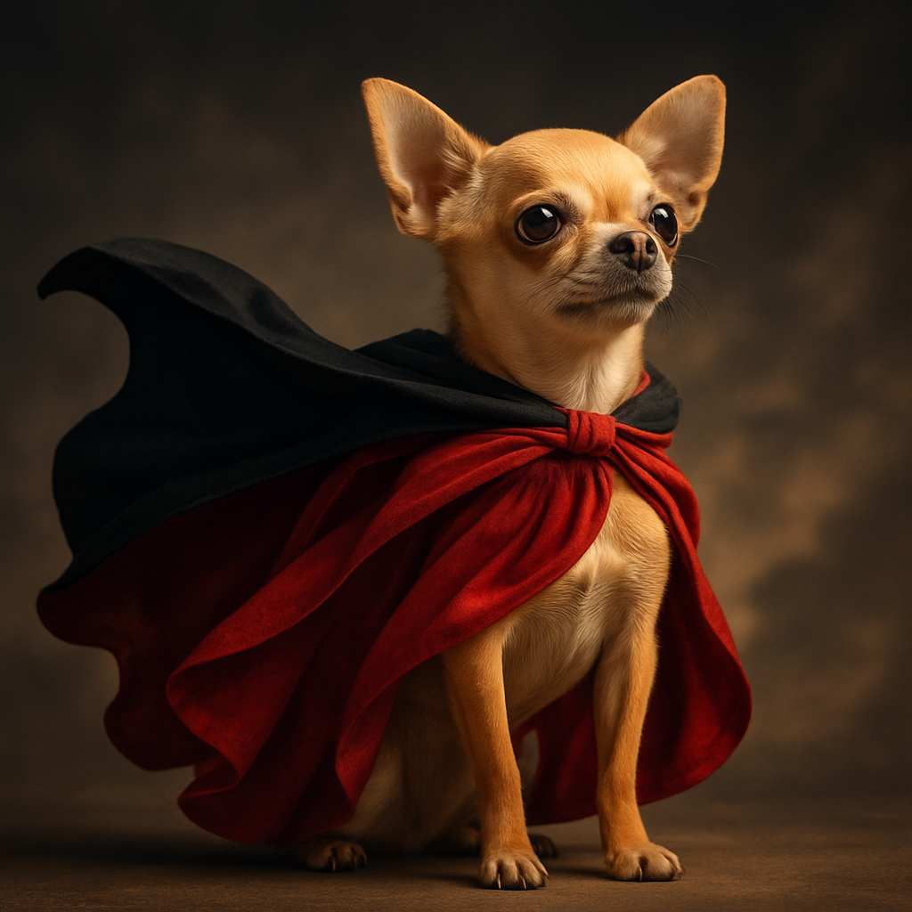 A tiny chihuahua in a dramatic cape, posing heroically