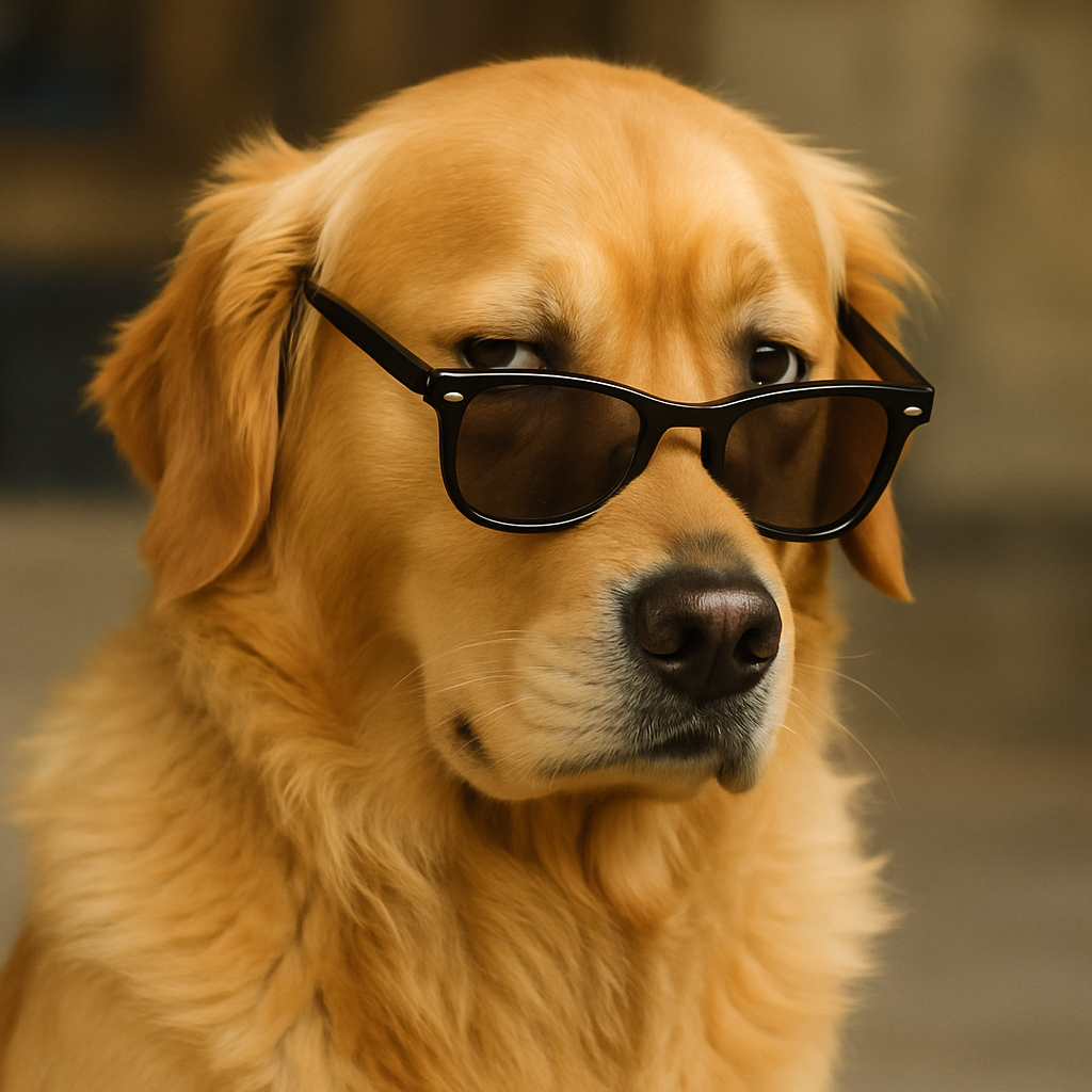 A golden retriever with sunglasses giving a dramatic side-eye