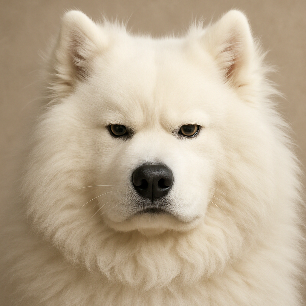 A fluffy samoyed with an exaggeratedly serious expression