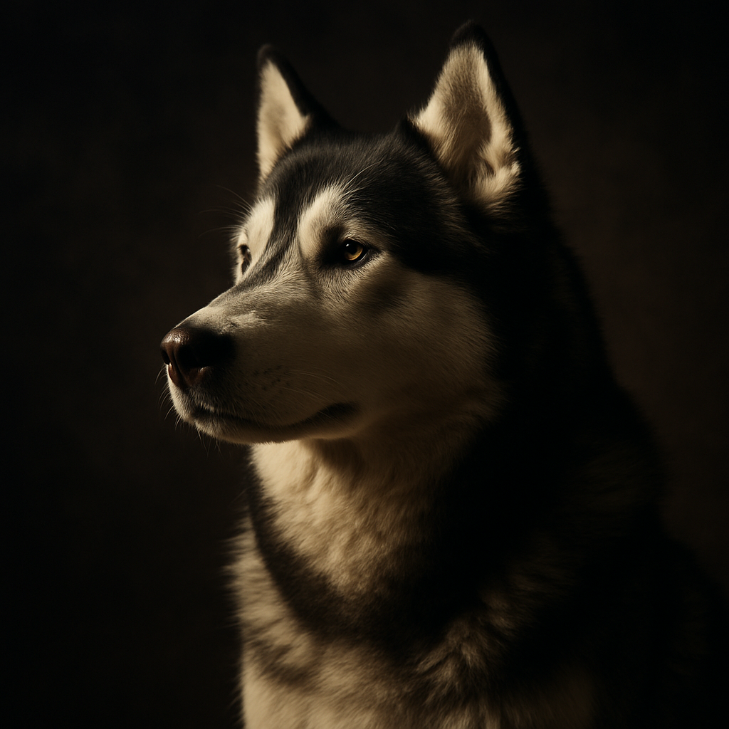 A stoic husky staring into the distance, dramatic lighting