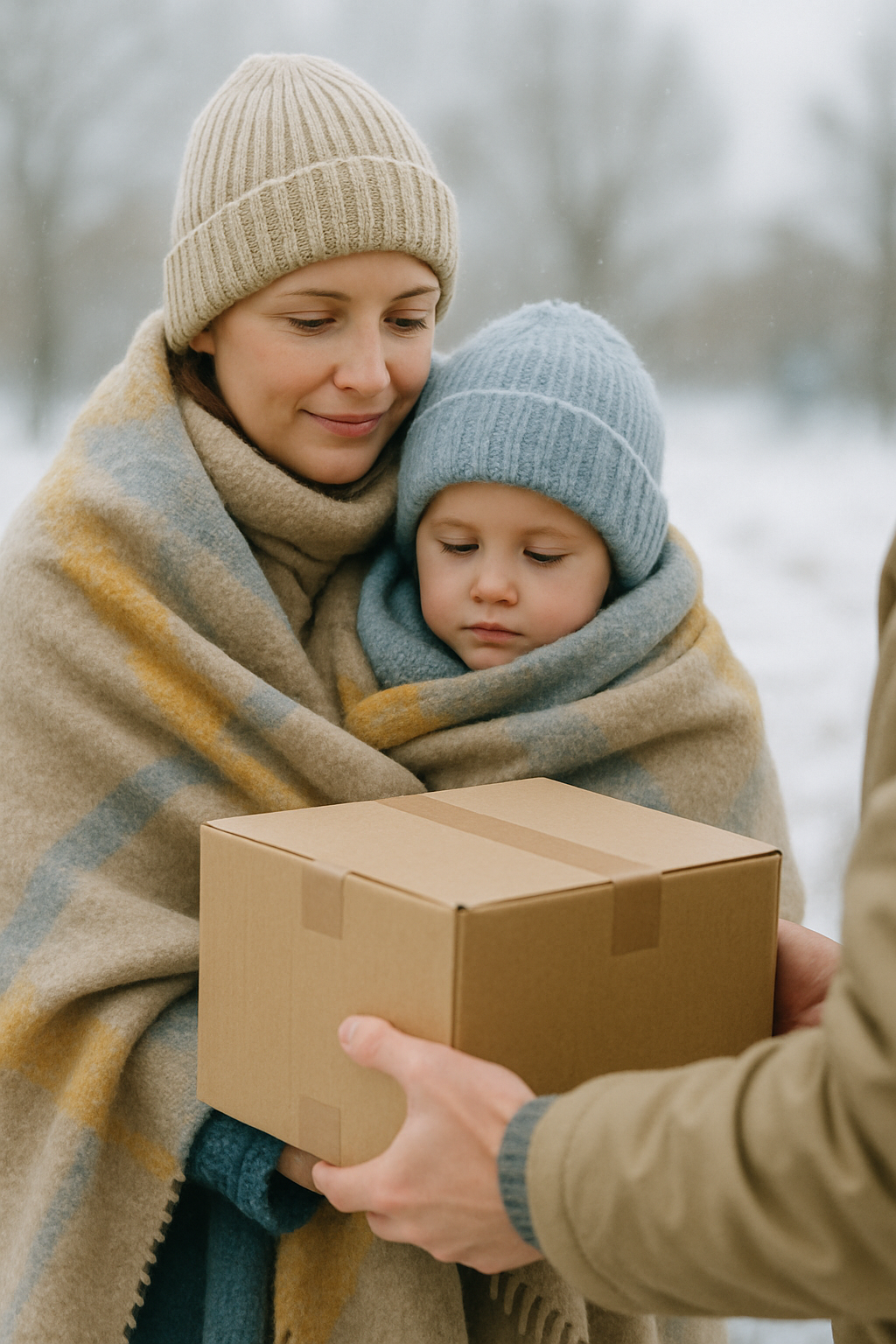 A Ukrainian mother and child wrapped in warm blankets receiving winter supplies, soft natural light, hopeful and dignified
